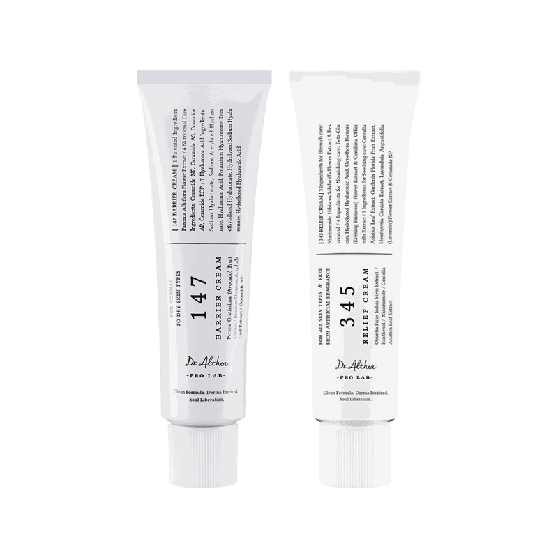 Las dos cremas de Dr.Althea Pro Lab juntas: 147 Barrier y 345 Relief, tubos de 50 ml